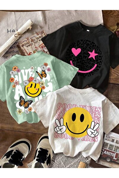 vinraus Dievčenské\Chlapčenské tričko s potlačou emotikonov Good Vibes 3 Pack
