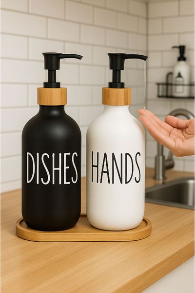 AYGÖREN HOME 2-piece bamboo stand glass kitchen liquid soap dispenser set - bamboo stand soap dispenser black white 500ml+500ml