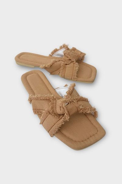 Liger Papuci de damă cu detaliu cu ciucuri din denim încrucișat BEIGE