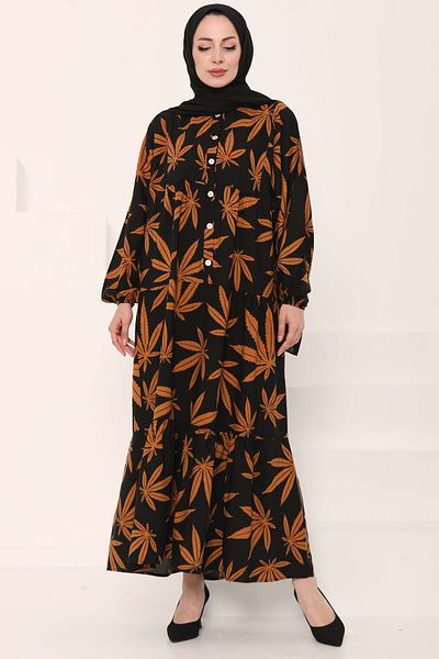 TOFİSA Patterned Buttoned Dress Black - 27038
