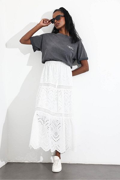 5in1Canpolat White Maxi Length Scallop Skirt 38594