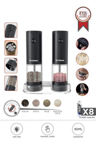 Torima Kymq-44B-Bs Black Battery Powered Automatic New Generation Salt Pepper Mill Spice Grinder with Lights