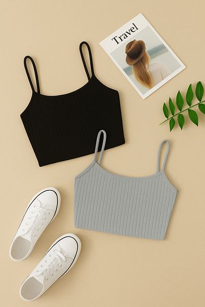 ÖZ PAMUK Self Cotton Women's Thin Strap 2 Piece Ribbed Crop Basic Tank Top Blouse