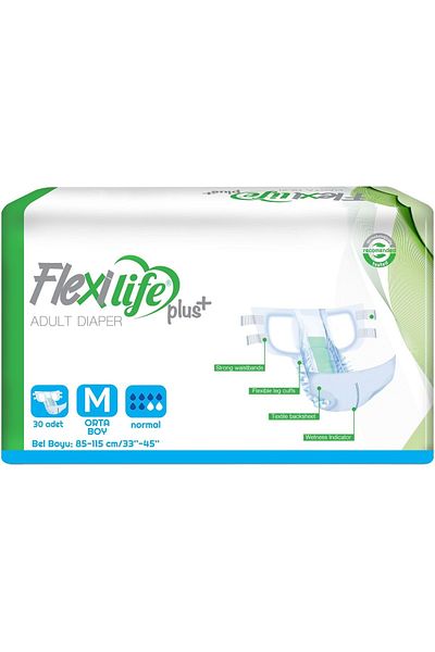 Flexi Life Adult Patient Diaper with Waist Band Textile Surface Medium 30 Pieces + Bed Protector + Towel