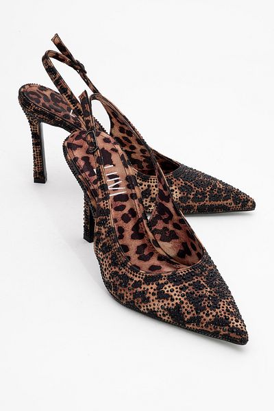 LuviShoes Roya Black Yellow Patterned Satin Stone Pointed Toe Women's Heeled Shoes