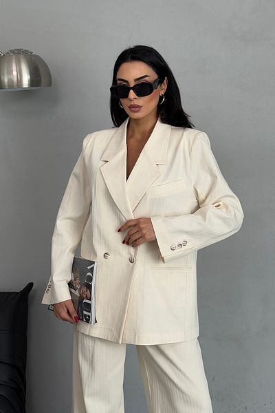 Ortaya Çık Μπεζ Oversize Blazer Jacket Palazzo Παντελόνι Λινό Σετ