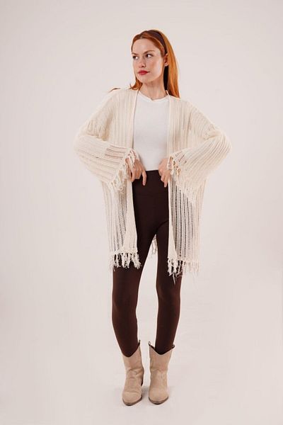 MRA Fashion Tassel Detailed Perforated Model Cream Cardigan