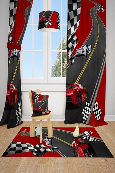 Talia Home Children's Room Background Curtain with Race Car 2 Wings Tla-194