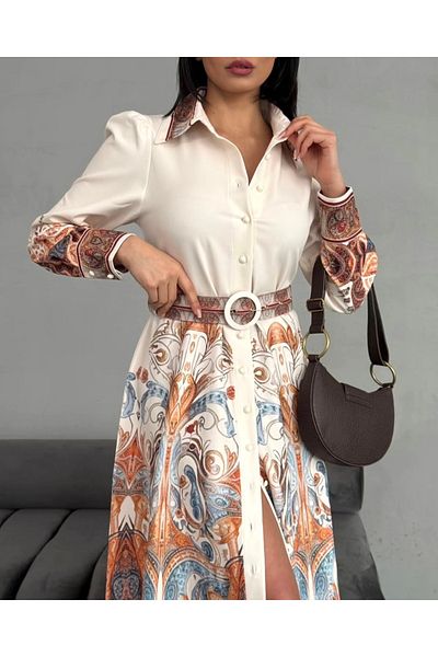 Afiş Butik Ecru Belted Front Buttoned Brown Ethnic Patterned Long Dress