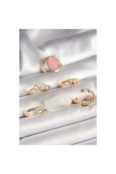 Marsilyan Brass Gold Color Zircon Stone Detailed Pink Enameled 6-Piece Women's Ring Set - Tj-Byk3619