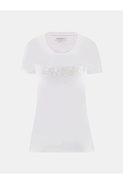 Guess Cn Ss Logo Segquins Tee Women's White T-Shirt W5Gi17J1314-G011