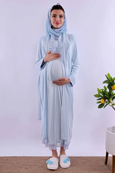 ByLohusa Effortt Blue Hijab și rochie de dimineață Set cămașă de noapte de maternitate Byl2t40352