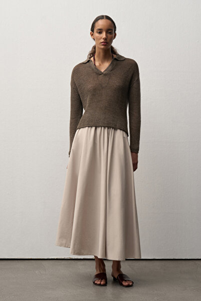 Mathilda Store Kadın Bej Sandra Volanlı Midi Etek