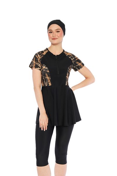 İYİBU Allsea Short Sleeve Semi Covered Tights Swimsuit 4-Piece Black Patterned Lycra Suit