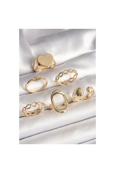 Marsilyan Brass Gold Color Plate Heart Model Eye Engraving Detail Set of 6 Women's Rings - Tj-Byk3635