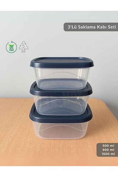 Jet's Home Set of 3 Storage Containers Square Food Container Bpa Free Suitable for Deep Freezer 500-900-1500 ml