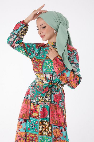 TOFİSA Patterned Belted Dress Mint - 26022