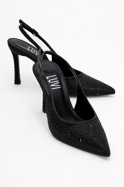 LuviShoes Roya Black Stone Pointed Toe Women's Heeled Shoes