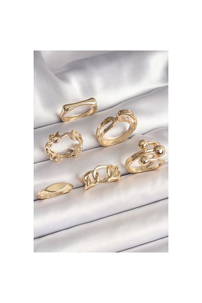 Marsilyan Brass Gold Color Branch Embroidered Ring Topcuk Detail Set of 6 Women's Rings - Tj-Byk3629