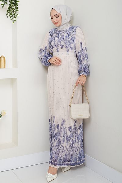 InStyle Φόρεμα σιφόν με μοτίβο μανίκια πλισέ μπλε ναυτικό