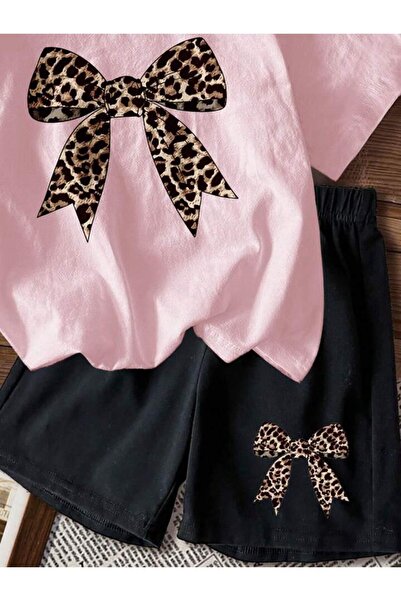vinraus Girl\Boy Pink-Black Leopard Ribbon Printed Combed Cotton Shorts-Tshirt Set