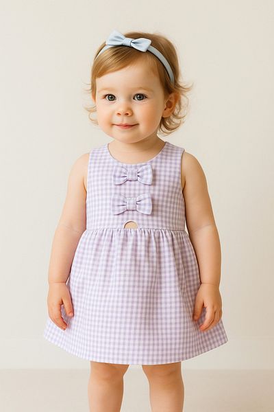 Numuu Gingham Bow Window Detailed Cotton Summer Holiday Birthday Special Day Baby Girl Dress