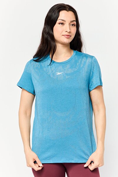 Reebok تي شيرت نسائي رياضي بأكمام قصيرة مناسب للخارج، أزرق