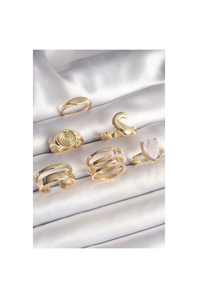 Marsilyan Brass Gold Color Pink Drop Enamel Spiral Processing Detailed Set of 6 Women's Rings - Tj-Byk3628