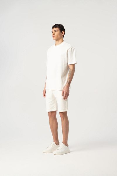MFY Fashion Men's 100% Cotton Oversized Crew Neck Short Sleeve Patterned T-Shirt and Shorts Set Ecru