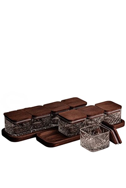 Veliday Sahra Kare 10 Parça Tepsili Ahşap Vakumlu Kapaklı Cam Kahvaltılık Çok...