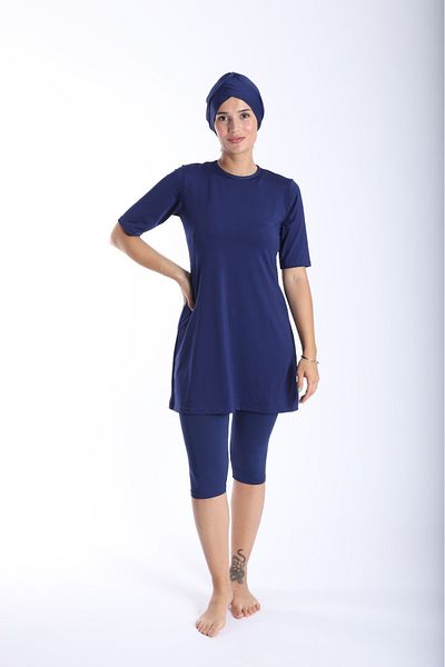 Lio20 Women's Short Sleeve Hijab Navy Blue Swimsuit 38-52