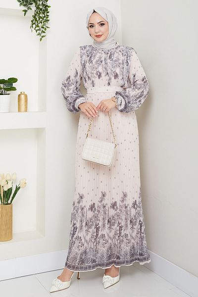 InStyle Black Chiffon Dress with Patterned Sleeves and Pleated Body