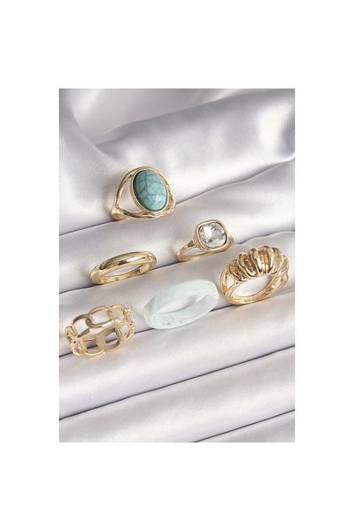 Marsilyan Brass Gold Color Square Zircon Stone Spiral Model Blue Stone Detail 6-Piece Women's Ring Set - Tj-Byk3624