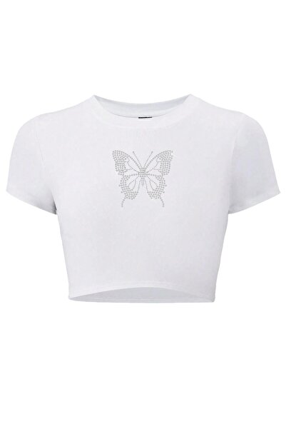 BRZ COLLECTION Kadın Kelebek Kristal Taş Baskılı Crop T-shirt Beyaz