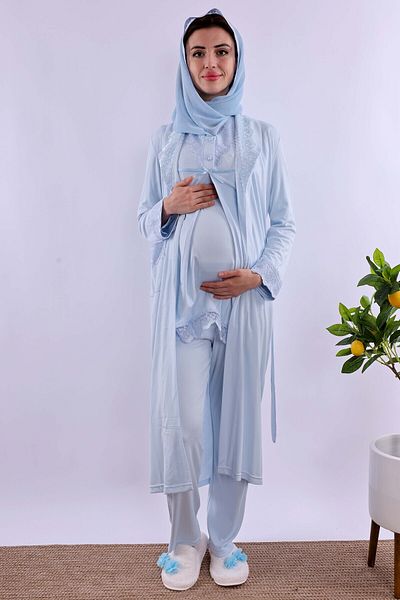 ByLohusa Set de pijamale de maternitate Effortt cu hijab albastru și rochie de dimineață Byl2t40342