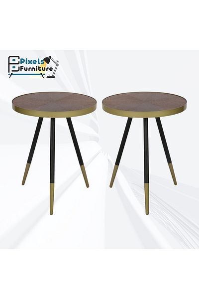 PixelsFurniture Set of 2 Pixel Furniture Round Side Coffee Tables with Wood Top and Metal Ends, Durable Table