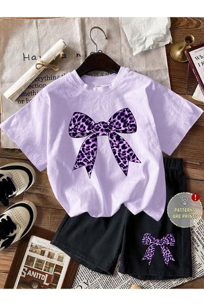 vinraus Girl\Boy Lilac-Black Leopard Ribbon Printed Combed Cotton Shorts-Tshirt Set