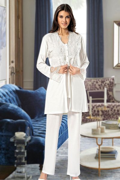 Pelin Women's Ecru Lace Detailed Maternity 3-Piece Pajama Set