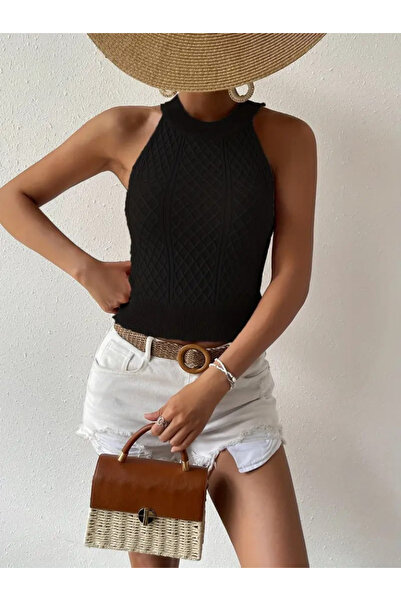 REKA MODA Women's Sleeveless Halter Neck Mini Argyle Knitwear Blouse