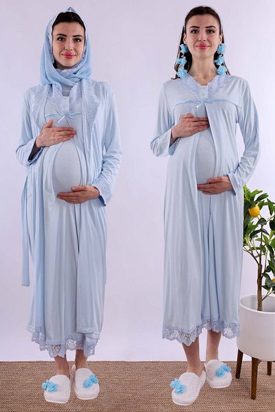 ByLohusa Effortt Blue Hijab și rochie de dimineață Set cămașă de noapte de maternitate Byl2t40352