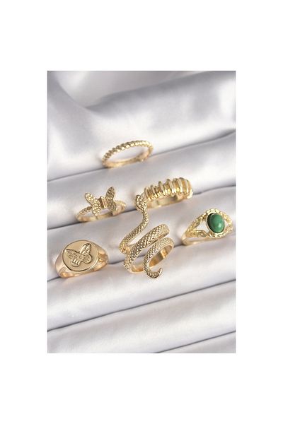 Marsilyan Brass Gold Color Embroidered Snake Model Butterfly Detail Set of 6 Women's Rings - Tj-Byk3611