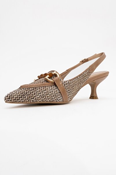 LuviShoes Osca Dark Beige Straw Buckle Pointed Toe Women's Heeled Shoes