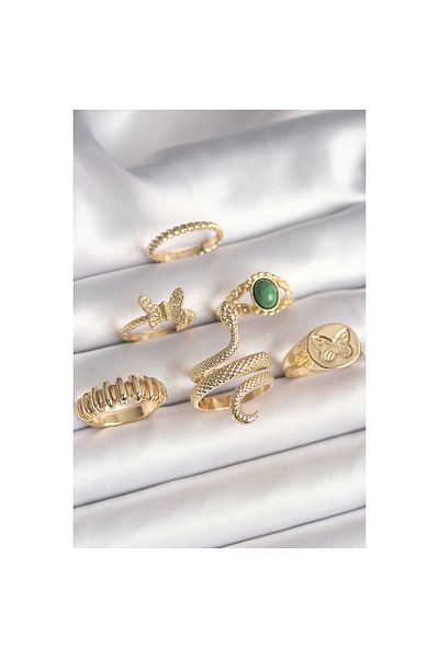 Marsilyan Brass Gold Color Embroidered Snake Figure Butterfly Detail Set of 6 Women's Rings - Tj-Byk3614