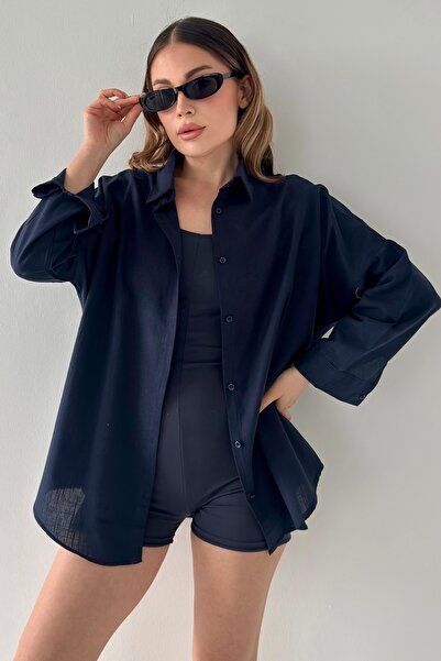 bb butik basic Oversize Keten Dokulu %100 Pamuk Salaş Gömlek Bb-ku3435