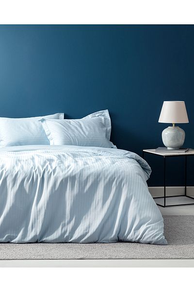 Madame Coco Elicia King Size 100% Cotton Striped Satin Duvet Cover Set - Light Blue