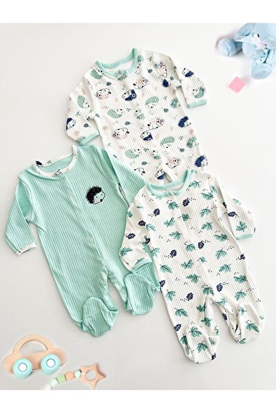 Mıdırık Uni-yapraklı Kipri Desenli Patikli 3lü Tulum Set 3-6-9 Ay Yenidoğan T...