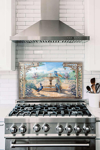 Vosevu Sarayın Tavus Kuşlar Cam Ocak Arkası Koruyucu, Isıya Dayanıklı, Tezgah...