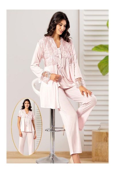Pelin Women's Powder Lace Detailed Maternity 3-Piece Pajama Set