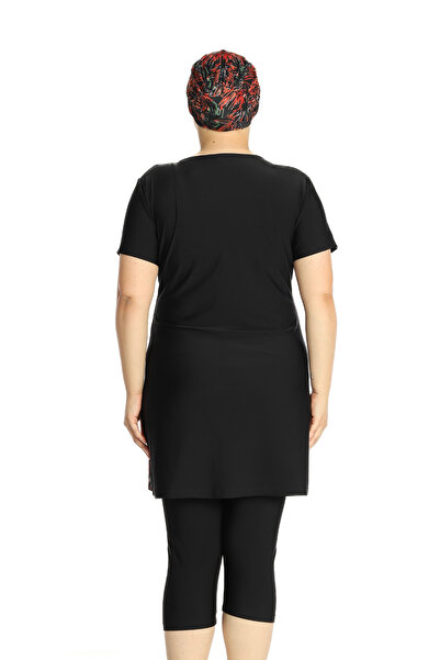 İYİBU Allsea Plus Size Semi-Closed Hijab Swimsuit Short Sleeve Patterned 4-Piece Suit