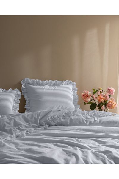 Madame Coco Obernai Single 100% Cotton Frilly Plain Washed Duvet Cover Set - Blue